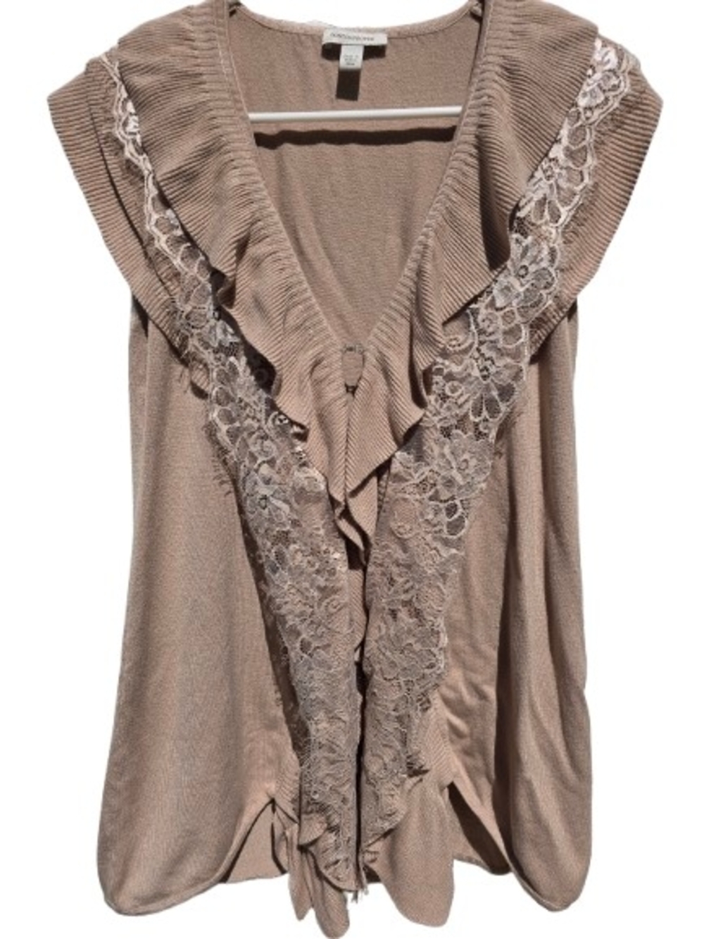 Boston Proper Taupe Knit Sleeveless Cardigan Lightweight Lace Trim